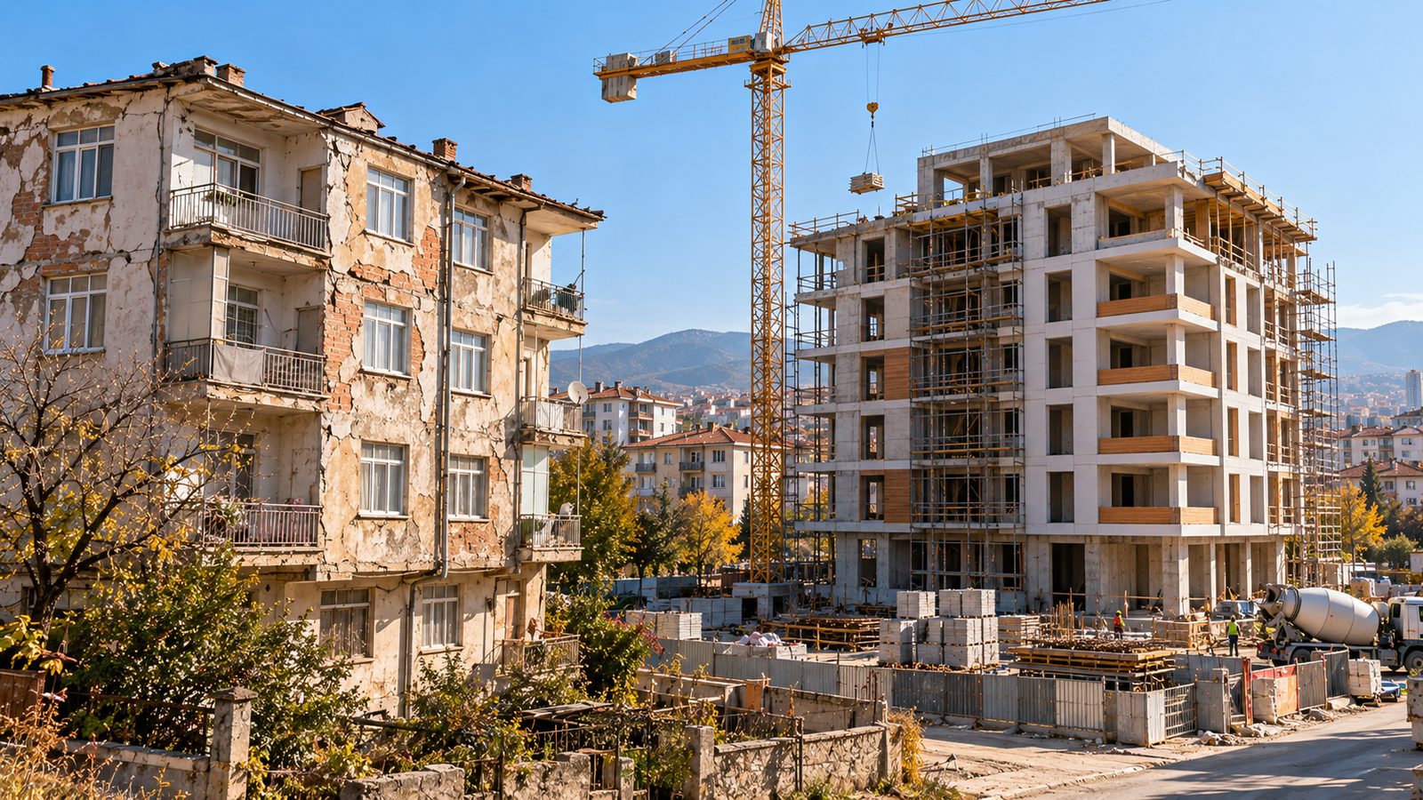 Kentsel dönüşüm kapsamında eski apartmanın yanında yükselen yeni betonarme konut binası