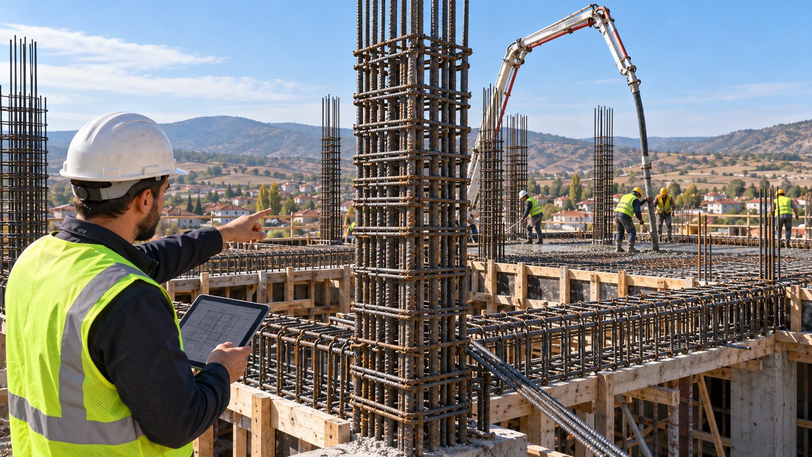 Kolon ve kiriş donatısını beton dökümü öncesi kontrol eden inşaat mühendisi