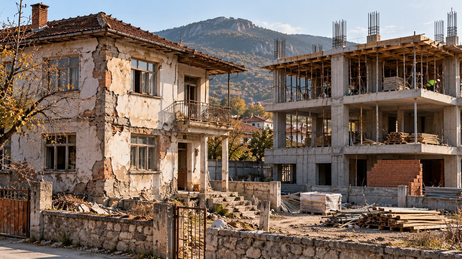 Yenileme öncesi eski müstakil ev ile yan parselde yükselen yeni betonarme yapı