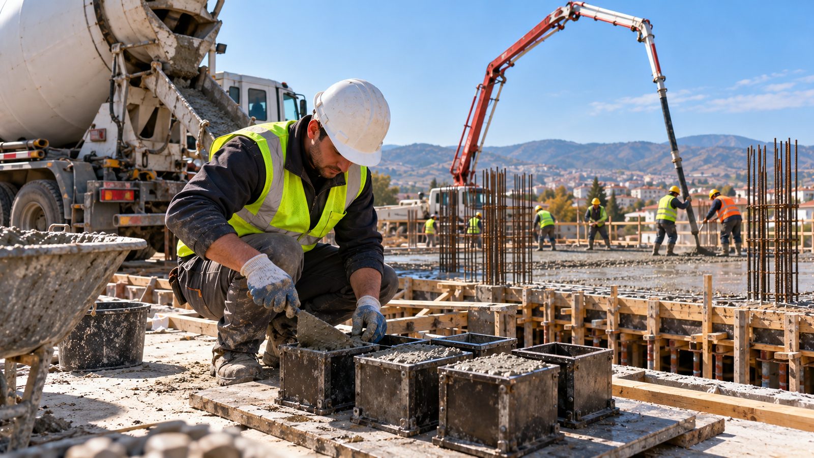 Hazır beton mikserinden döşemeye beton pompalanırken numune küpleri hazırlayan teknisyen