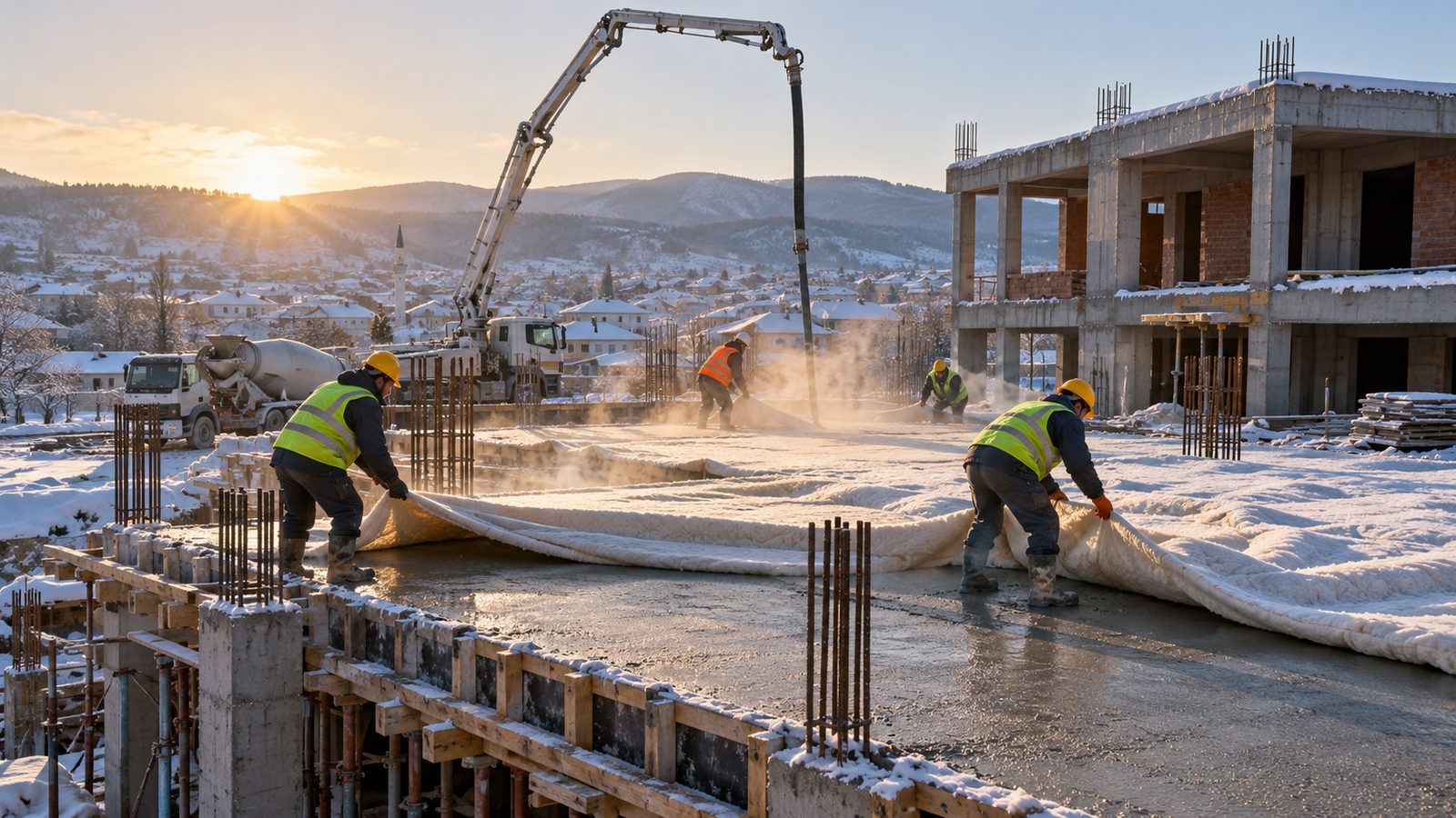 Kış sabahı kaba inşaatta taze beton döşemenin üzerine yalıtım örtüsü seren işçiler